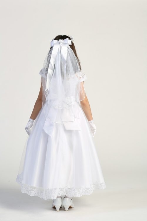 White First Communion Dress Embroidered lace Bodice Cap Sleeves