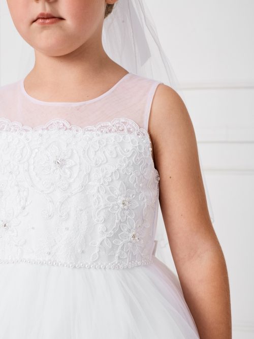 Girls Communion Dress Illusion neckline with lace hem