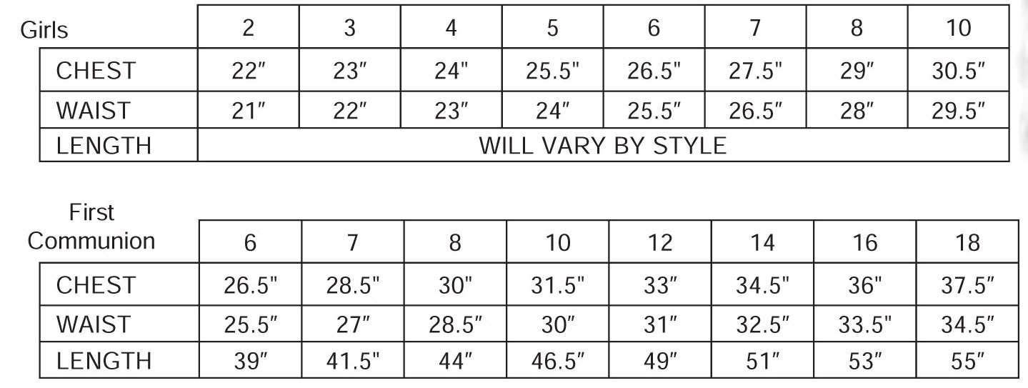 First Communion Dresses Size Chart 