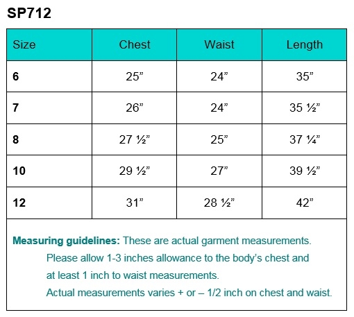 First Communion Dress Size CHart SP712